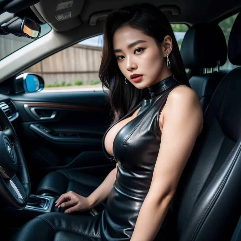 <lora:Korean5e-51e-4:0.5>,korean,kpop idol,woman,twenties,slicked back,beautiful,seductive,Looking at viewer,huge breasts,perfect body,cleavage,earings,leather,sleeveless,Black dress,car,front view,portrait,(adult:1.5)