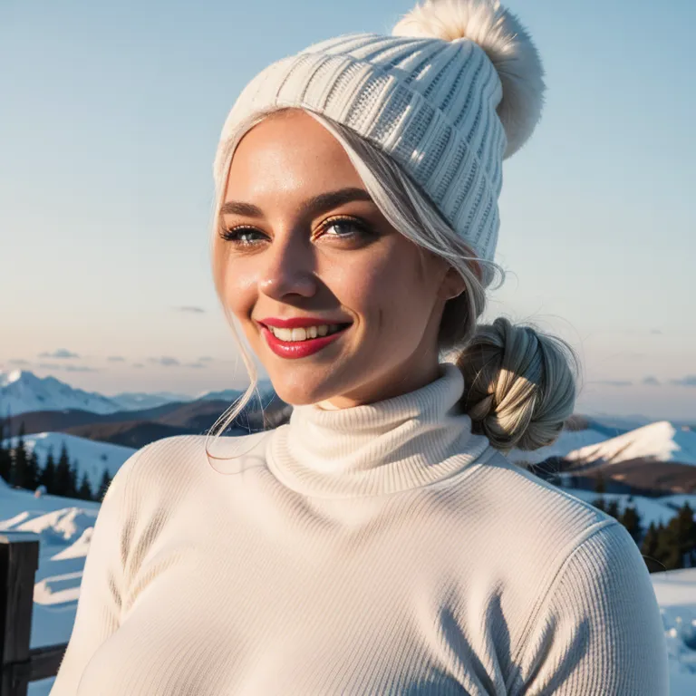 <lora:White2:0.4>,white people,woman,twenties,long hair,updo,white hair,hair behind ear,blue eyes,beautiful,(smile),normal breasts,medium ass,hat,snow,eyeshadow,red ribbed turtleneck sweater,(adult:1.5)