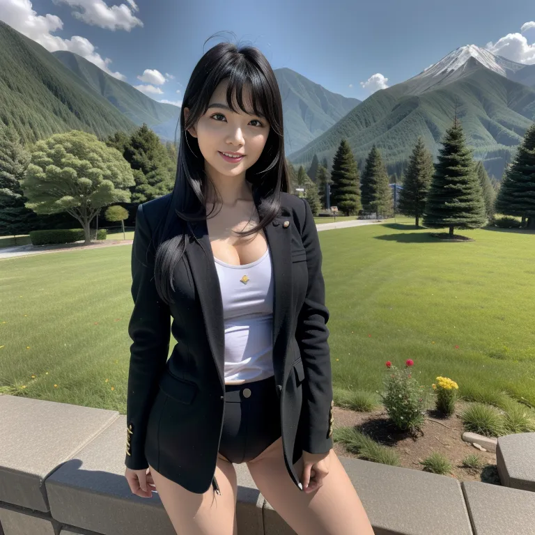 <lora:Japanese5:0.6>, japanese,woman,twenties,frizzy hair,black hair,bangs,black eyes,happy,perfect body,military,daytime,mountain,full body,(adult:1.5)