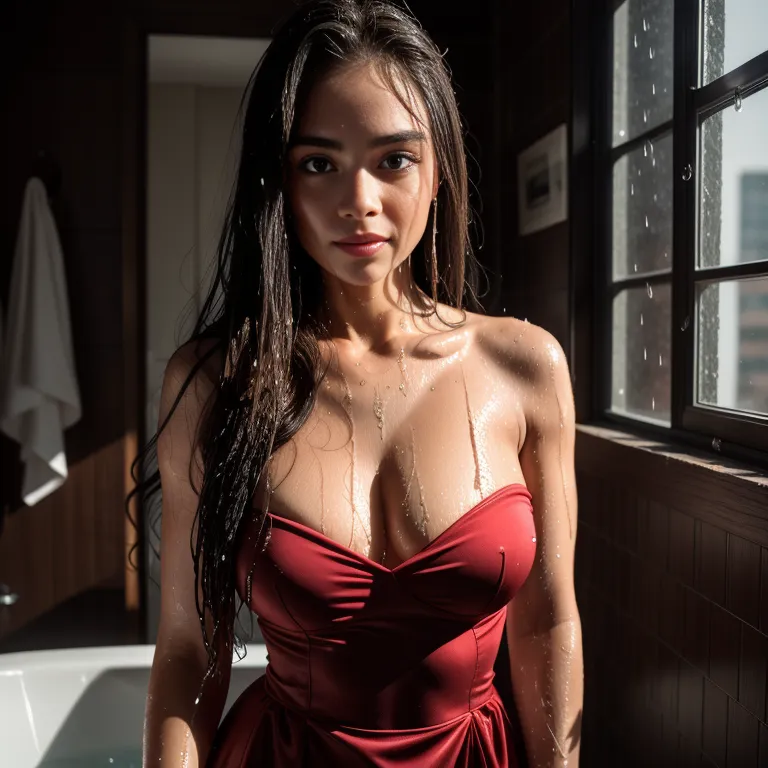 woman,twenties,(RAW photo, best quality, masterpiece:1.1), (realistic, photo-realistic:1.2), ultra-detailed, ultra high res, physically-based rendering,long hair,(wet hair:1.4),black hair,brown eyes,beautiful,seductive,Looking back,strapless,gown,daytime,bathroom,upper body, selfie, holding phone, phone, cellphone, looking at viewer,(adult:1.5)