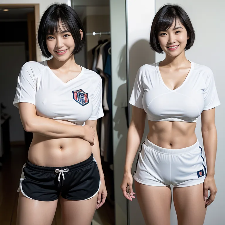 <lora:Japanese2:0.45>, japanese,woman,twenties,short hair,black hair,bangs,beautiful,(smile),huge breasts,perfect body,short sleeves,soccer,sportswear,short shorts,(hand on own chest:1.2),(semen:1.2),daytime,sun,changing room,front view,full body,(adult:1.5)