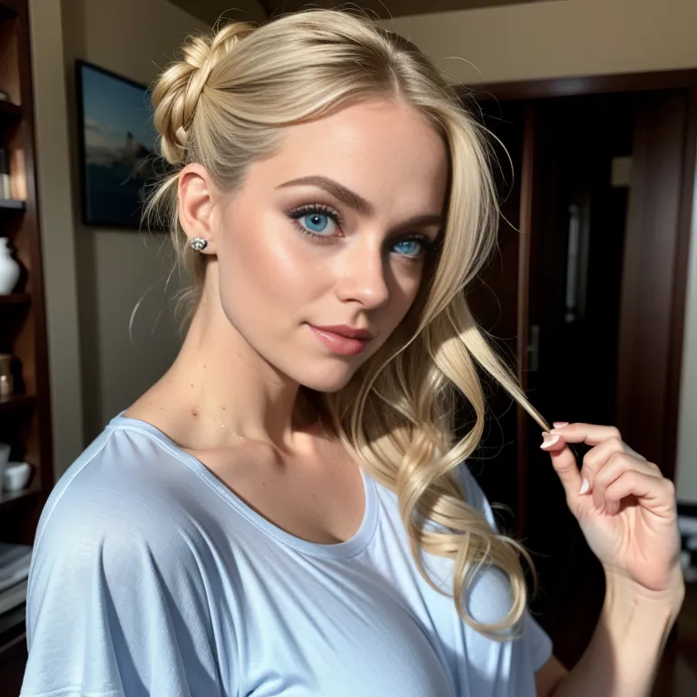 <lora:White2:0.4>,white people,woman,twenties,long hair,updo,blonde hair,hair behind ear,blue eyes,beautiful,happy,normal breasts,medium ass,pajamas,eyeshadow,taut shirt,(adult:1.5)