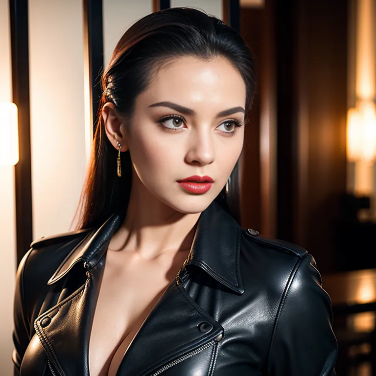 <lora:Chinese:0.45>,woman,twenties,slicked back,beautiful,seductive,Looking at viewer,huge breasts,perfect body,cleavage,earings,leather,long sleeves,trench coat,casino,front view,Upper body,(adult:1.5)