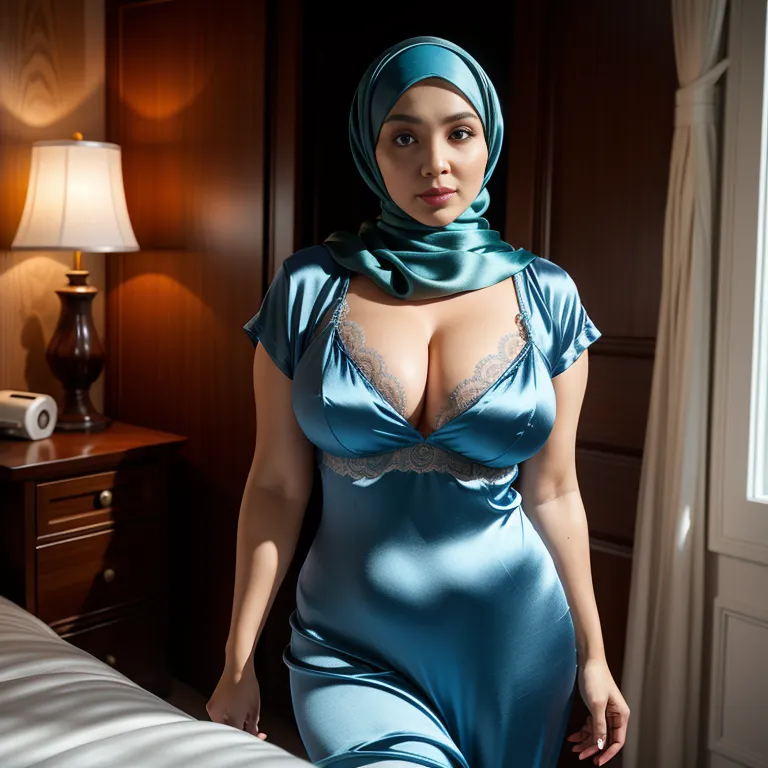 woman,thirties,beautiful,huge breasts,perfect body,hijab,(silk),nightgown,Blue bra,standing,bedroom,portrait,(adult:1.5)