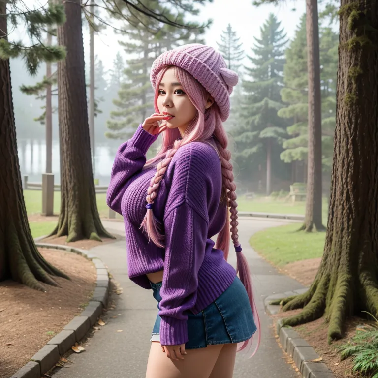 hkgirl, (kpop idol), <lora:HongKong:0.5>,woman,elder,long hair,braided,pink hair,beautiful,seductive,huge breasts,huge ass,fat,hat,Purple sweater,Purple mini skirt,standing,forest,from side,full body,(adult:1.5)