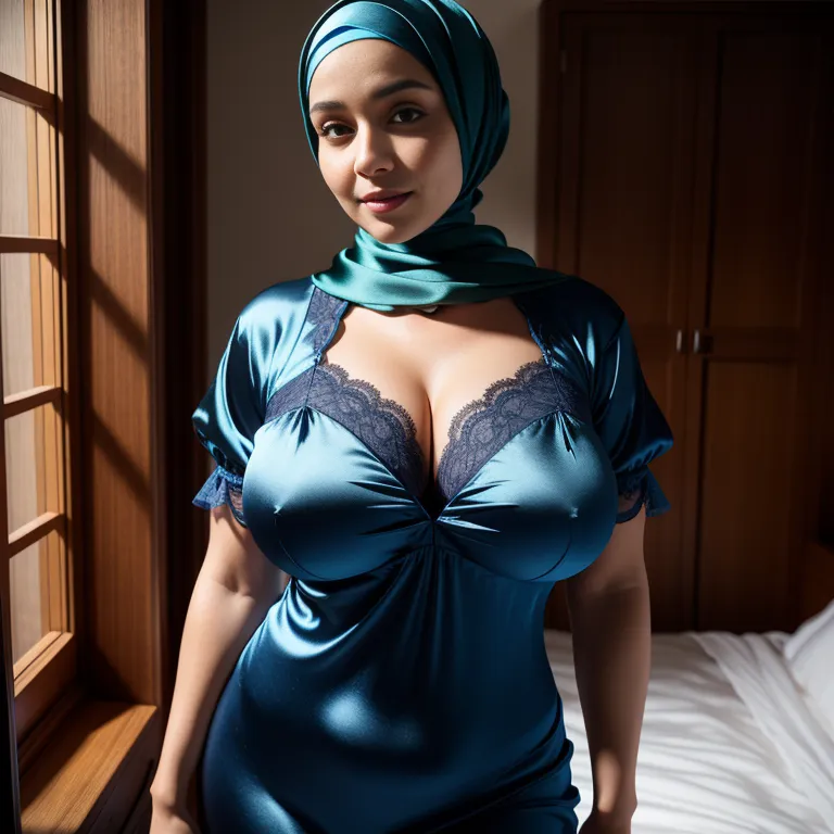 woman,thirties,beautiful,huge breasts,perfect body,hijab,(silk),short sleeves,nightgown,Blue bra,standing,bedroom,portrait,(adult:1.5)