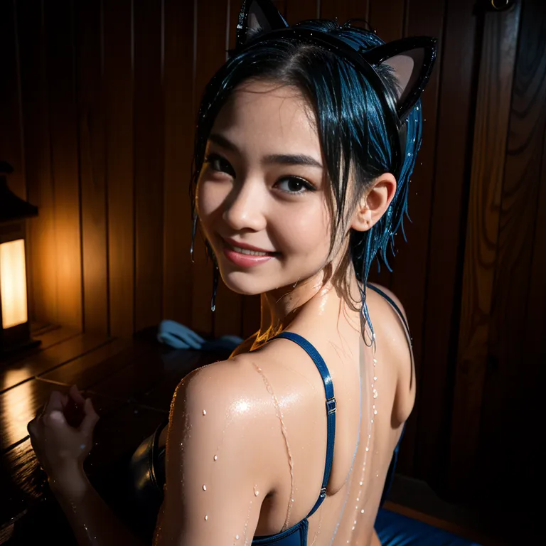 <lora:Japanese:0.35>, japanese,woman,twenties,short hair,(wet hair:1.4),blue hair,hair behind ear,large forehead,blue eyes,beautiful,(smile),side eye,huge breasts,huge ass,perfect body,tattoo,(wet:1.1),(cat ears headband, fake animal ears),pantyhose,cleavage,earings,leather,sheath dress,sports bra,Blue panties,from behind,(semen:1.2),night,moon,sauna,diffuse Lighting,(adult:1.5)