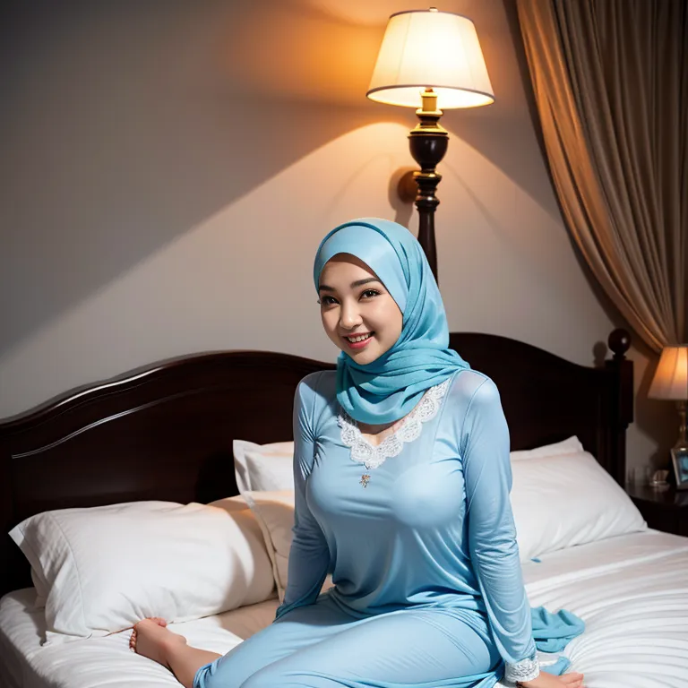 <lora:Chinese:0.45>,woman,twenties,beautiful,happy,Looking at viewer,normal breasts,huge ass,hijab,nightgown,on bed,full body,(adult:1.5)