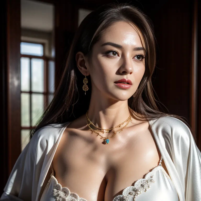 <lora:Chinese:0.45>,woman,aging,(RAW photo, best quality, masterpiece:1.1), (realistic, photo-realistic:1.2), ultra-detailed, ultra high res, physically-based rendering,long hair,beautiful,Looking at viewer,huge breasts,huge ass,fat,necklace,cleavage,earings,bathrobe,bathing,(adult:1.5)