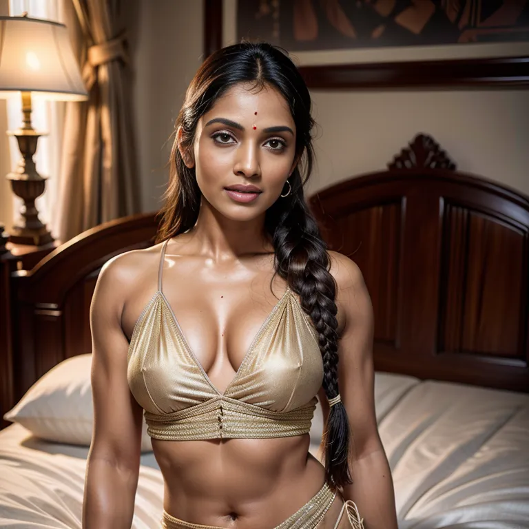 <lora:Indian:0.45>, Indian, brown skin, facial mark,(2women:2),twenties,(RAW photo, best quality, masterpiece:1.1), (realistic, photo-realistic:1.2), ultra-detailed, ultra high res, physically-based rendering,braided,black hair,brown eyes,beautiful,perfect body,(silk),maid,on bed,(adult:1.5)