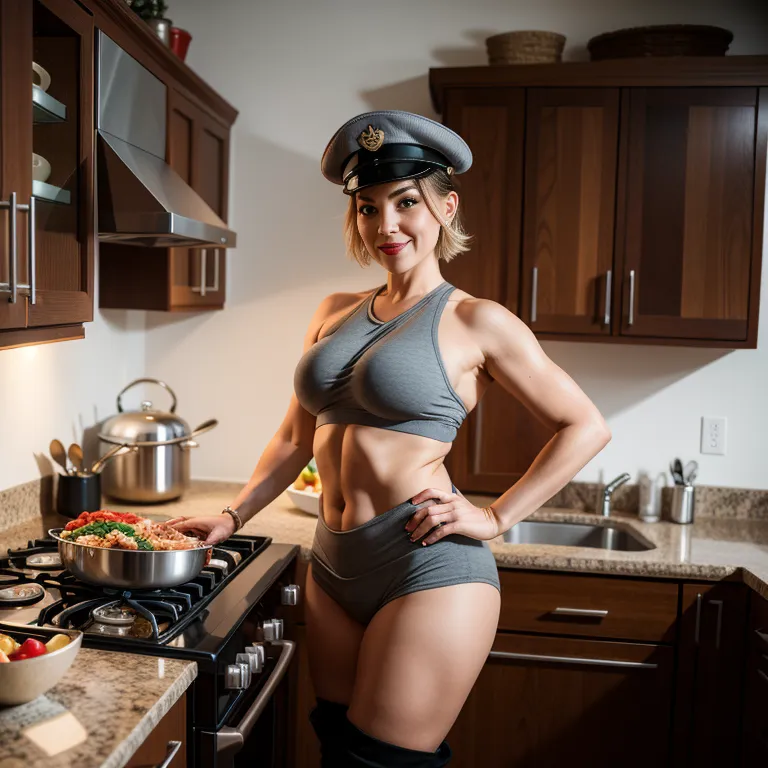 woman,thirties,short hair,large forehead,normal breasts,hat,thigh socks,boots,military,cooking,daytime,(adult:1.5)