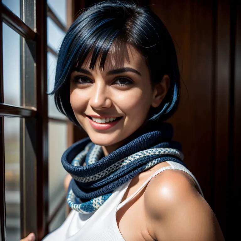 <lora:Arabs_1:0.5>, Arabs,woman,aging,short hair,bobcut,blue hair,hair behind ear,bangs,blue eyes,beautiful,(smile),Looking at viewer,huge breasts,huge ass,perfect body,scarf,high socks,(adult:1.5)