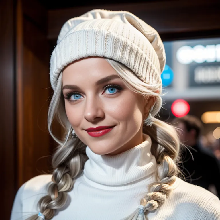 <lora:White2:0.4>,white people,woman,twenties,long hair,updo,white hair,hair behind ear,blue eyes,beautiful,(smile),normal breasts,medium ass,hat,snow,eyeshadow,red ribbed turtleneck sweater,(adult:1.5)