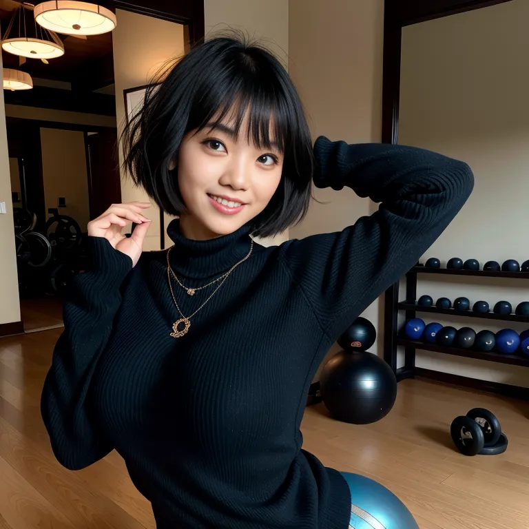 <lora:Japanese:0.35>, japanese,woman,twenties,short hair,messy hair,black hair,hair behind ear,bangs,blue eyes,beautiful,(smile),Looking at viewer,huge breasts,huge ass,necklace,Black sweater,yoga pants,standing,gym,front view,full body,(adult:1.5)