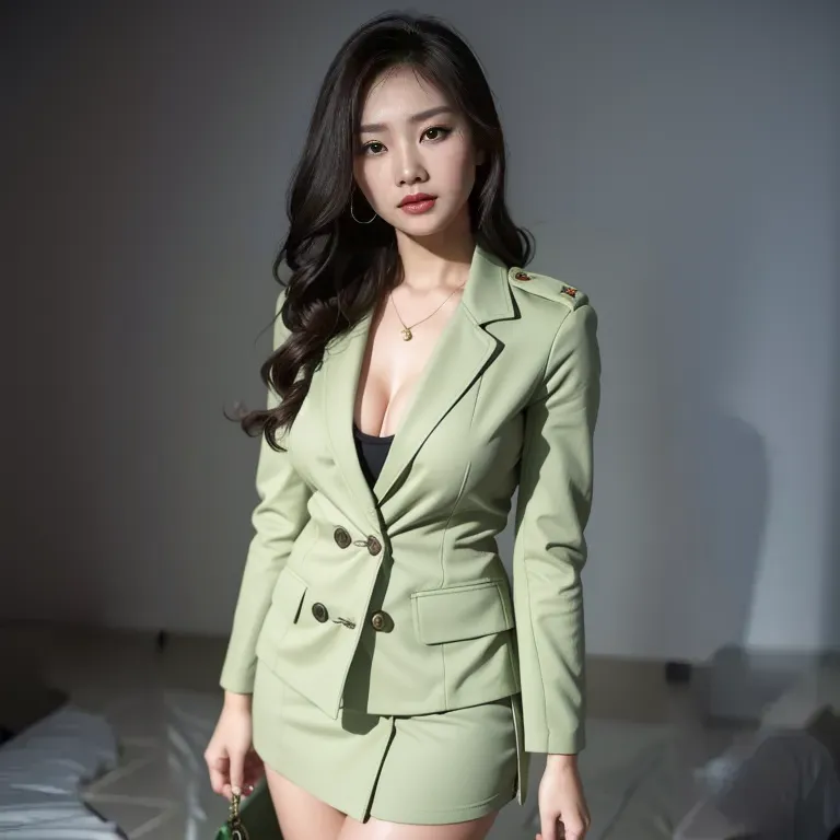 <lora:Chinese:0.45>,woman,twenties,military,Green coat,Green mini skirt,(adult:1.5)