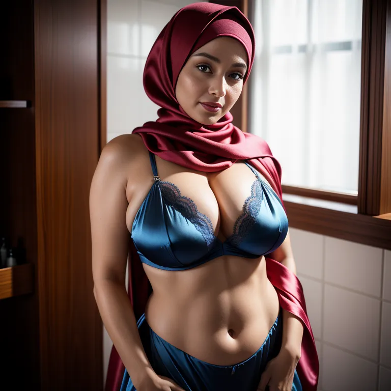 woman,thirties,beautiful,huge breasts,perfect body,hijab,(silk),nightgown,Blue bra,standing,bathroom,portrait,(adult:1.5)