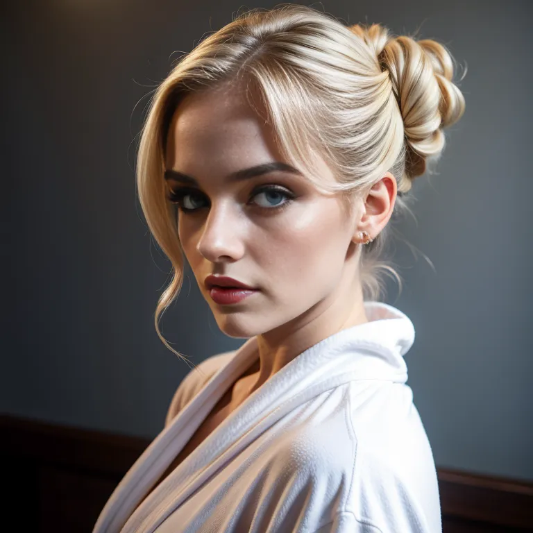 <lora:White2:0.4>,white people,woman,twenties,long hair,updo,blonde hair,hair behind ear,blue eyes,beautiful,cool,normal breasts,medium ass,bathrobe,eyeshadow,taut shirt,(adult:1.5)