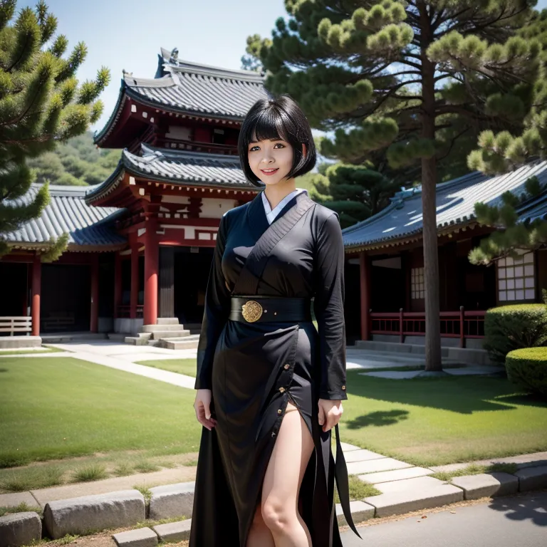 <lora:Japanese5:0.6>, japanese,woman,twenties,bobcut,black hair,hair behind ear,bangs,black eyes,happy,perfect body,western clothing,standing,daytime,in front of castle,full body,(adult:1.5)