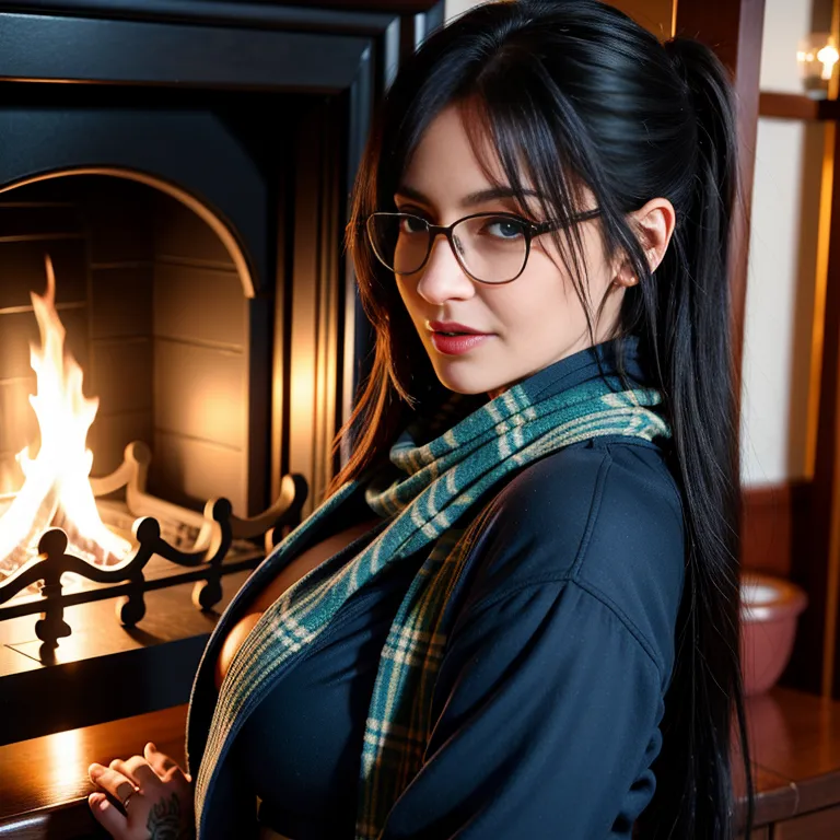 <lora:Chinese:0.45>,woman,thirties,long hair,double tail,black hair,bangs,blue eyes,beautiful,happy,huge breasts,huge ass,perfect body,tattoo,(wet:1.1),scarf,blue eyeglasses,midriff,cleavage,bathrobe,fireplace,(adult:1.5)