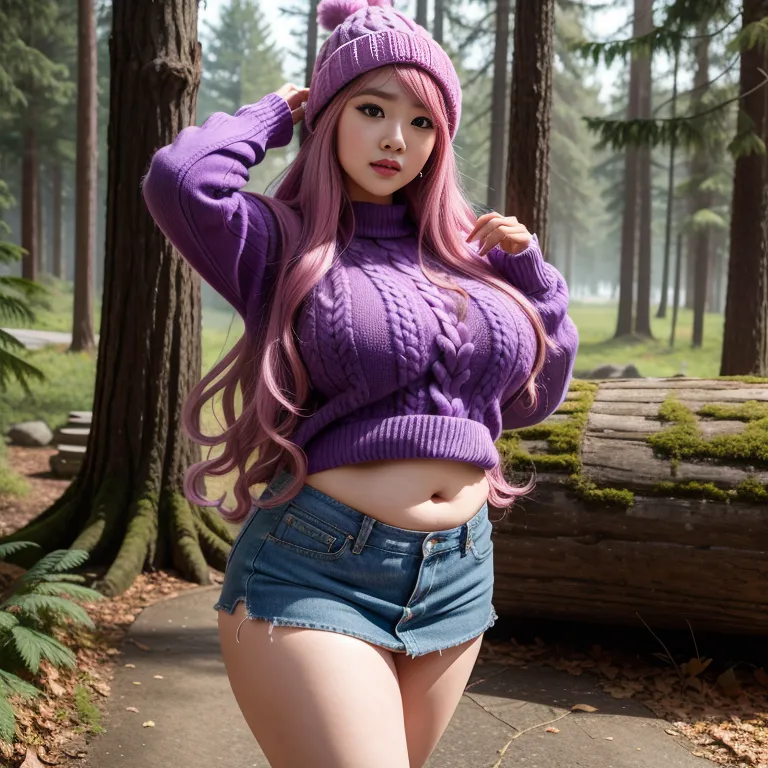 hkgirl, (kpop idol), <lora:HongKong:0.5>,woman,elder,long hair,curly hair,pink hair,beautiful,seductive,huge breasts,huge ass,fat,hat,Purple sweater,Purple mini skirt,standing,forest,full body,(adult:1.5)