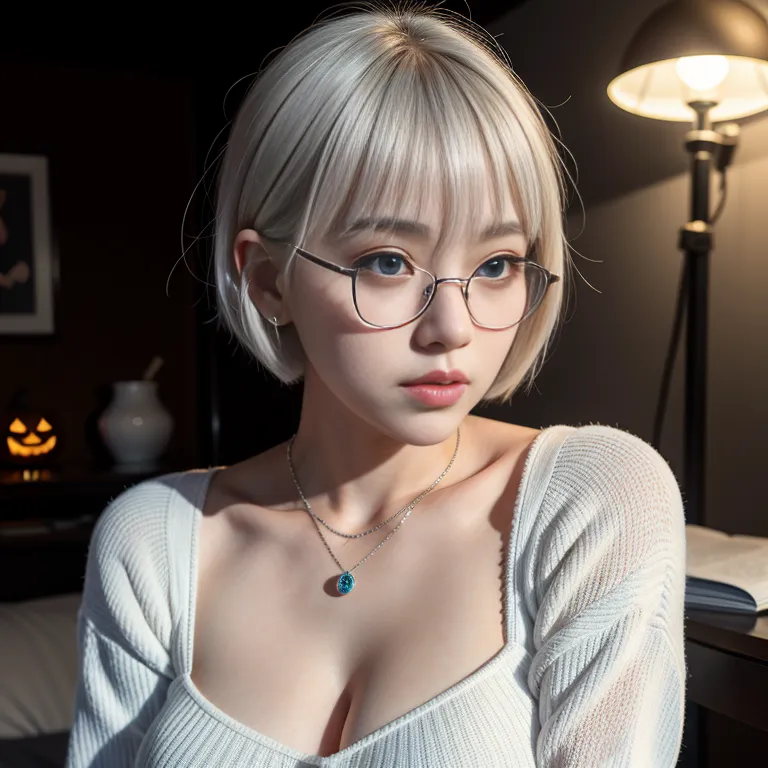 hkgirl, (kpop idol), <lora:HongKong:0.5>,woman,twenties,(RAW photo, best quality, masterpiece:1.1), (realistic, photo-realistic:1.2), ultra-detailed, ultra high res, physically-based rendering,bobcut,white hair,bangs,blue eyes,side eye,huge breasts,silver eyeglasses,cleavage,halloween costume,White sweater,White mini skirt,spread legs,snow,diffuse Lighting,(adult:1.5)