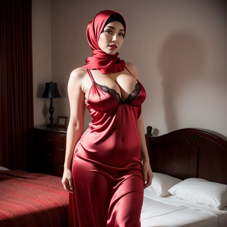 woman,thirties,beautiful,huge breasts,perfect body,hijab,(silk),nightgown,Red bra,standing,bedroom,portrait,(adult:1.5)