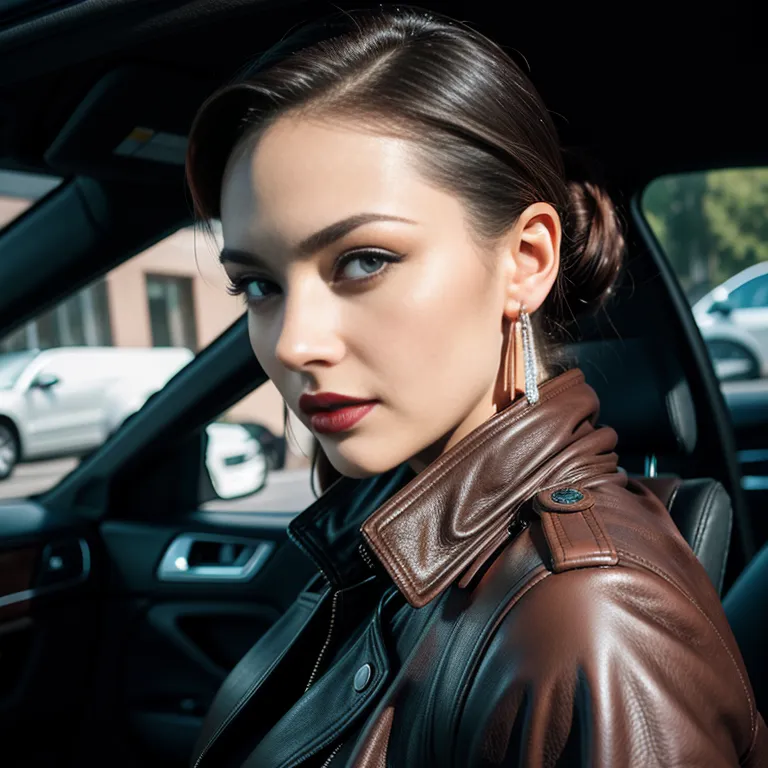 <lora:Chinese:0.45>,woman,twenties,slicked back,beautiful,seductive,Looking at viewer,huge breasts,perfect body,cleavage,earings,leather,long sleeves,trench coat,car,front view,portrait,(adult:1.5)