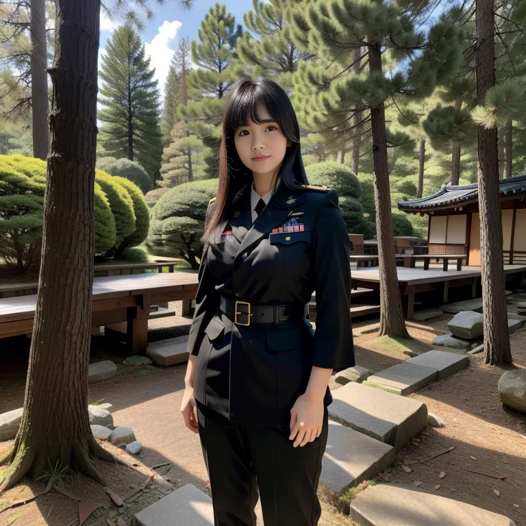 <lora:Japanese5:0.6>, japanese,woman,twenties,frizzy hair,black hair,bangs,black eyes,perfect body,military,daytime,forest,full body,(adult:1.5)