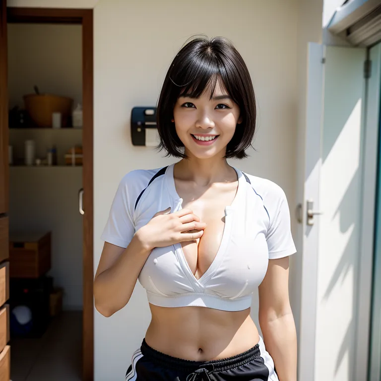 <lora:Japanese2:0.45>, japanese,woman,twenties,short hair,black hair,bangs,beautiful,(smile),huge breasts,perfect body,short sleeves,soccer,sportswear,short shorts,(hand on own chest:1.2),(semen:1.2),daytime,sun,changing room,front view,full body,(adult:1.5)