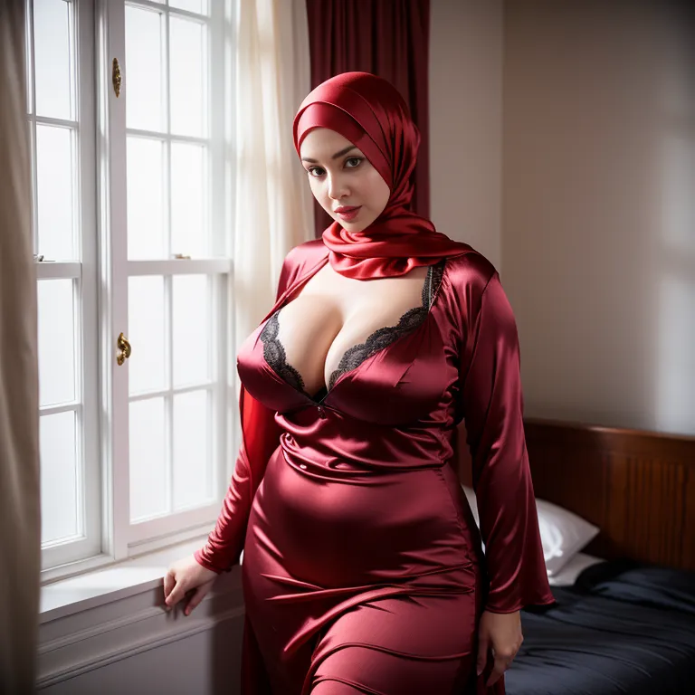 woman,thirties,beautiful,huge breasts,perfect body,hijab,(silk),nightgown,Red bra,standing,bedroom,portrait,(adult:1.5)