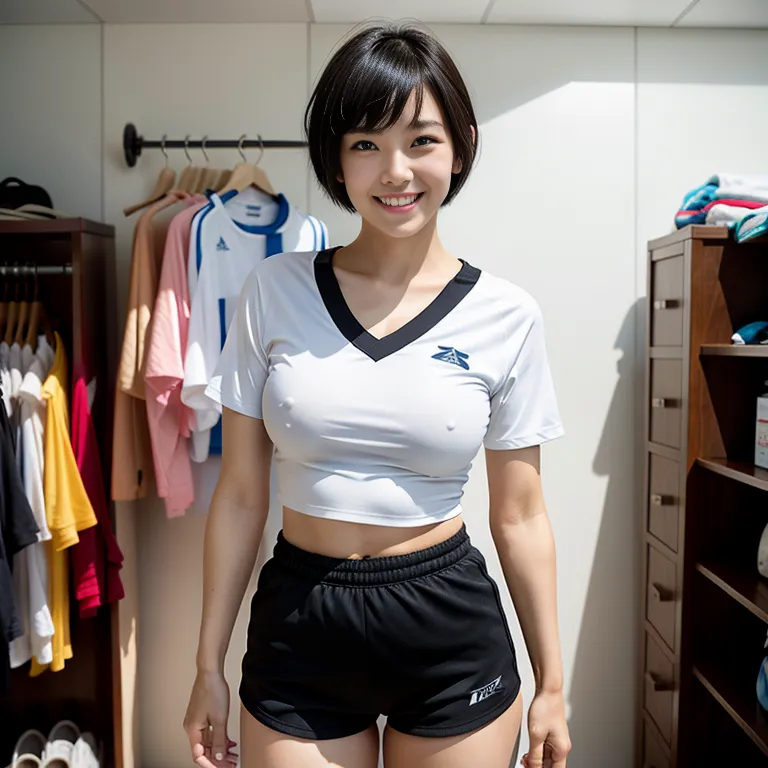 <lora:Japanese2:0.45>, japanese,woman,twenties,short hair,pixie cut,black hair,bangs,beautiful,(smile),huge breasts,perfect body,short sleeves,soccer,sportswear,short shorts,(hand on own chest:1.2),(semen:1.2),daytime,sun,changing room,front view,full body,(adult:1.5)