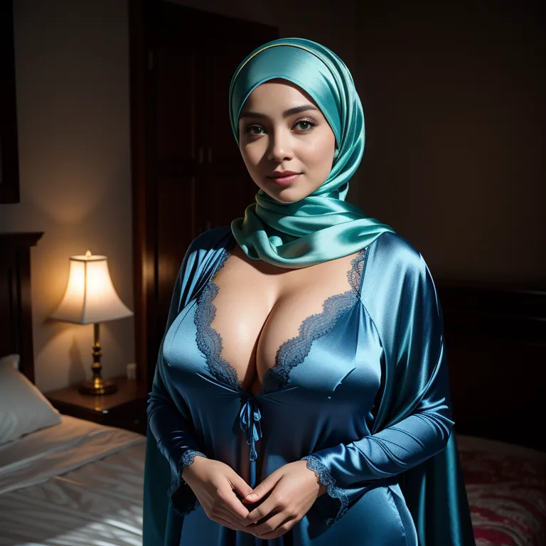 woman,thirties,beautiful,huge breasts,perfect body,hijab,(silk),nightgown,Blue bra,standing,bedroom,portrait,(adult:1.5)