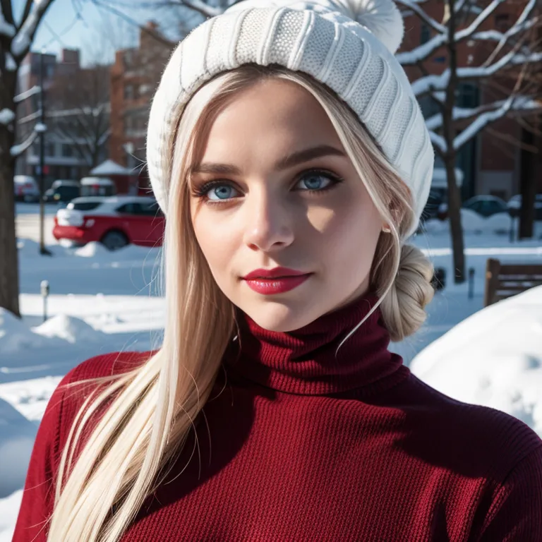 <lora:White2:0.4>,white people,woman,twenties,long hair,updo,white hair,hair behind ear,blue eyes,beautiful,happy,normal breasts,medium ass,hat,snow,Upper body,eyeshadow,red ribbed turtleneck sweater,(adult:1.5)