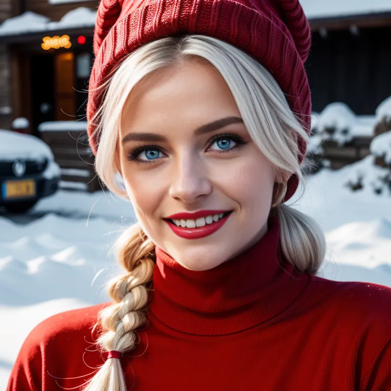 <lora:White2:0.4>,white people,woman,twenties,long hair,updo,white hair,hair behind ear,blue eyes,beautiful,(smile),normal breasts,medium ass,hat,snow,eyeshadow,red ribbed turtleneck sweater,(adult:1.5)