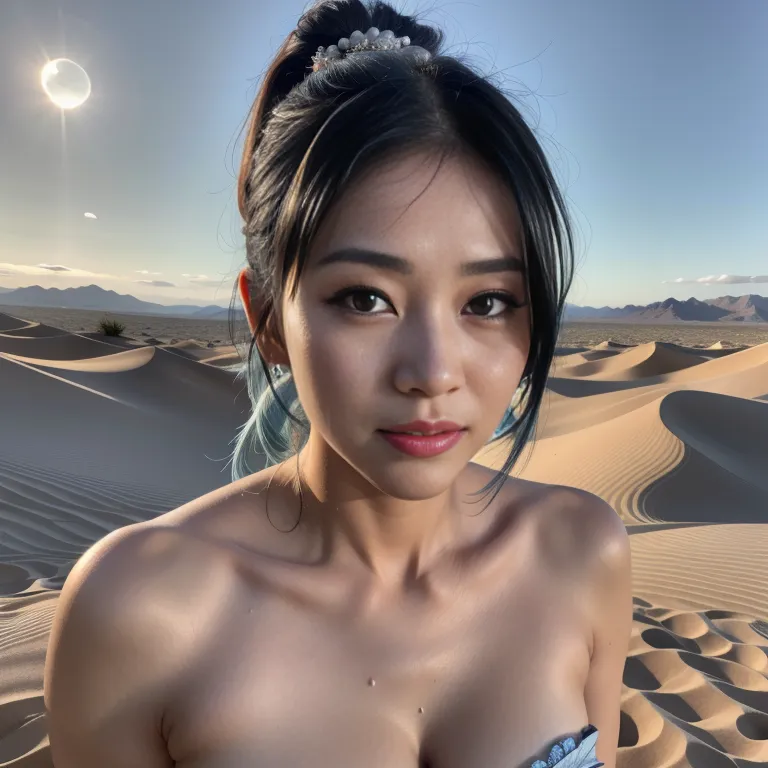 <lora:Japanese5:0.6>, japanese,woman,twenties,(RAW photo, best quality, masterpiece:1.1), (realistic, photo-realistic:1.2), ultra-detailed, ultra high res, physically-based rendering,blue hair,(semen:1.2),daytime,moon,desert,front view,portrait,(adult:1.5)