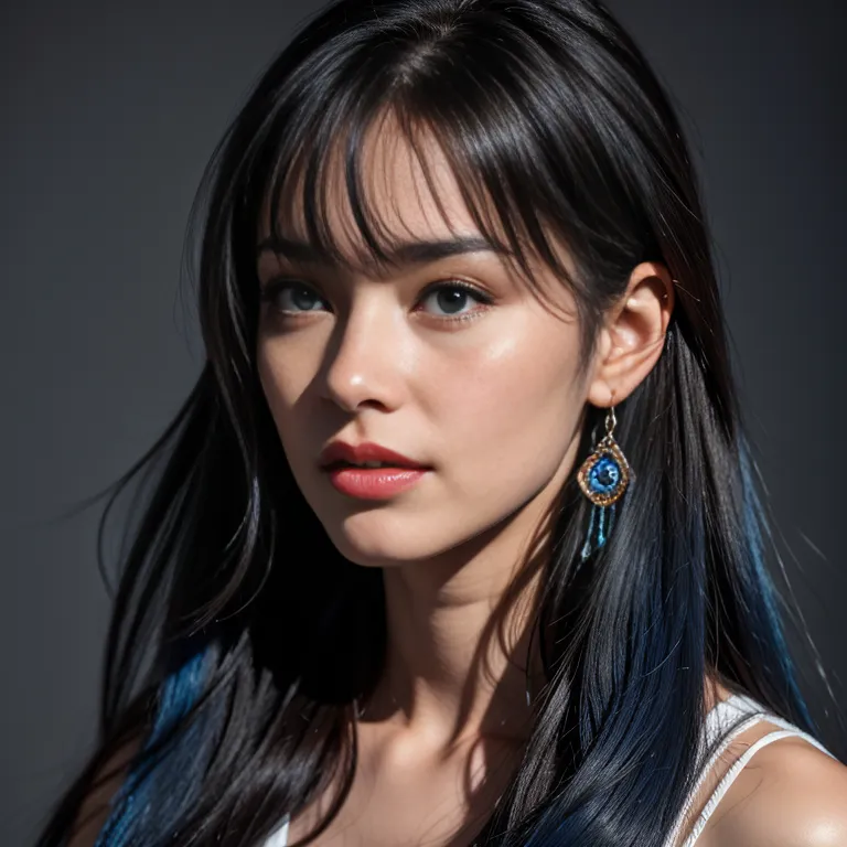 <lora:Chinese:0.45>,woman,twenties,(RAW photo, best quality, masterpiece:1.1), (realistic, photo-realistic:1.2), ultra-detailed, ultra high res, physically-based rendering,long hair,messy hair,blue hair,hair behind ear,bangs,(adult:1.5)