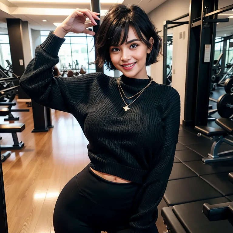 <lora:Chinese:0.45>,woman,twenties,short hair,messy hair,black hair,hair behind ear,bangs,blue eyes,beautiful,(smile),Looking at viewer,huge breasts,huge ass,necklace,Black sweater,yoga pants,standing,gym,front view,full body,(adult:1.5)