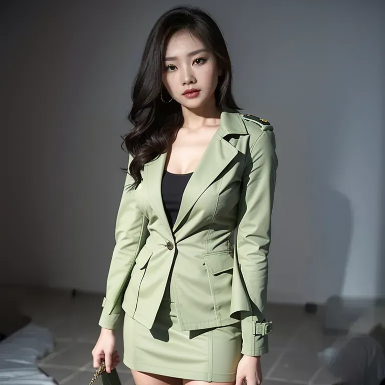 <lora:Chinese:0.45>,woman,twenties,military,Green coat,Green mini skirt,(adult:1.5)