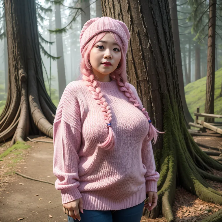 hkgirl, (kpop idol), <lora:HongKong:0.5>,woman,elder,long hair,braided,pink hair,beautiful,seductive,huge breasts,fat,hat,Pink sweater,standing,forest,front view,Upper body,(adult:1.5)