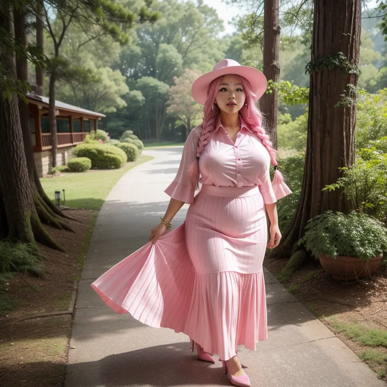 hkgirl, (kpop idol), <lora:HongKong:0.5>,woman,elder,long hair,braided,pink hair,beautiful,seductive,huge breasts,fat,hat,high heels,(silk),pink shirt,Pink long skirt,standing,forest,front view,full body,(adult:1.5)