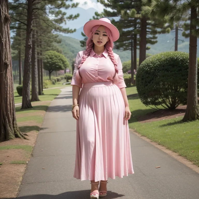 hkgirl, (kpop idol), <lora:HongKong:0.5>,woman,elder,long hair,braided,pink hair,beautiful,seductive,huge breasts,fat,hat,high heels,(silk),pink shirt,Pink long skirt,standing,forest,front view,full body,(adult:1.5)