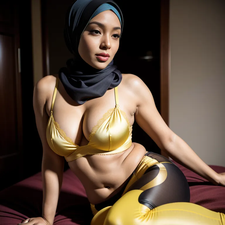 woman,thirties,hijab,(silk),Yellow bra,contour leggings,(adult:1.5)