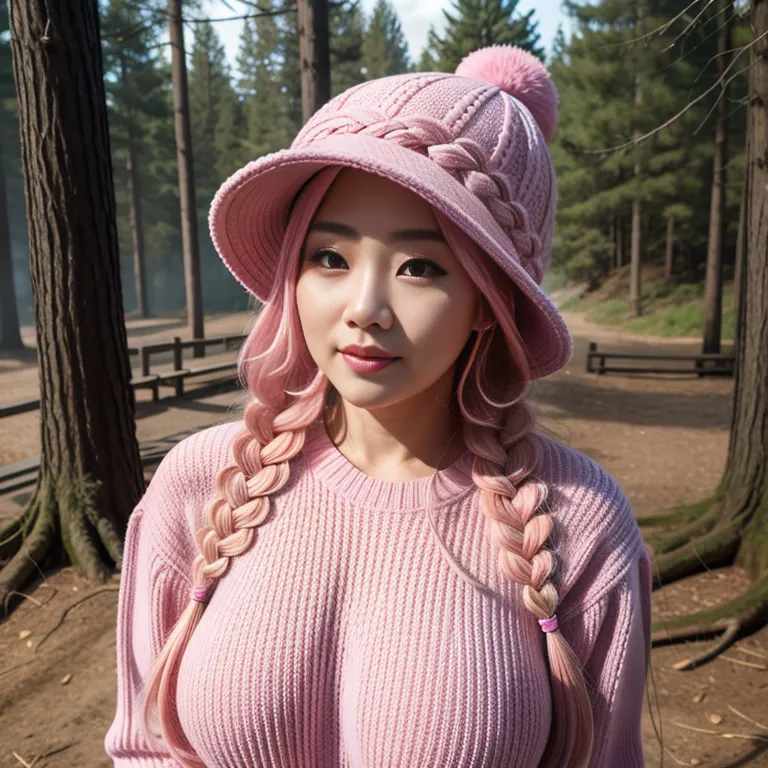 hkgirl, (kpop idol), <lora:HongKong:0.5>,woman,elder,long hair,braided,pink hair,beautiful,seductive,huge breasts,fat,hat,Pink sweater,standing,forest,front view,Upper body,(adult:1.5)