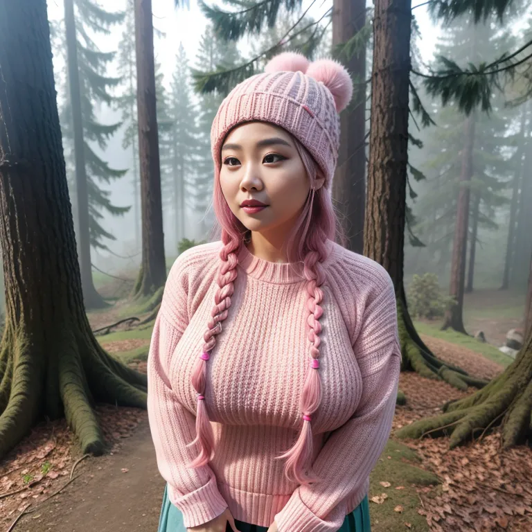 hkgirl, (kpop idol), <lora:HongKong:0.5>,woman,elder,long hair,braided,pink hair,beautiful,seductive,huge breasts,fat,hat,Pink sweater,standing,forest,front view,Upper body,(adult:1.5)