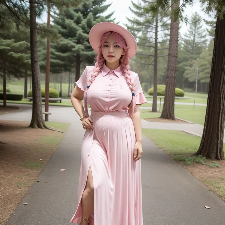 hkgirl, (kpop idol), <lora:HongKong:0.5>,woman,elder,long hair,braided,pink hair,beautiful,seductive,huge breasts,fat,hat,high heels,(silk),pink shirt,Pink long skirt,standing,forest,front view,full body,(adult:1.5)