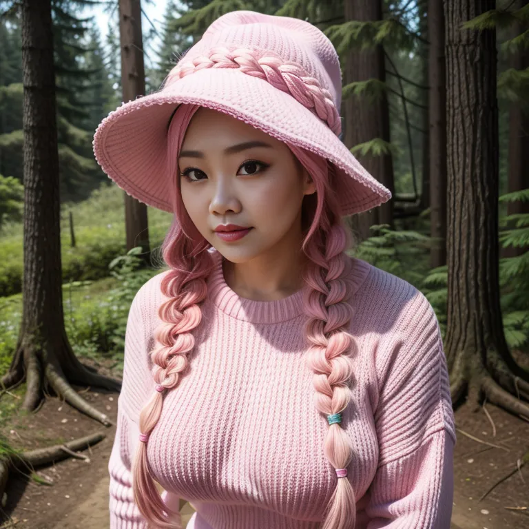 hkgirl, (kpop idol), <lora:HongKong:0.5>,woman,elder,long hair,braided,pink hair,beautiful,seductive,huge breasts,fat,hat,Pink sweater,standing,forest,front view,Upper body,(adult:1.5)