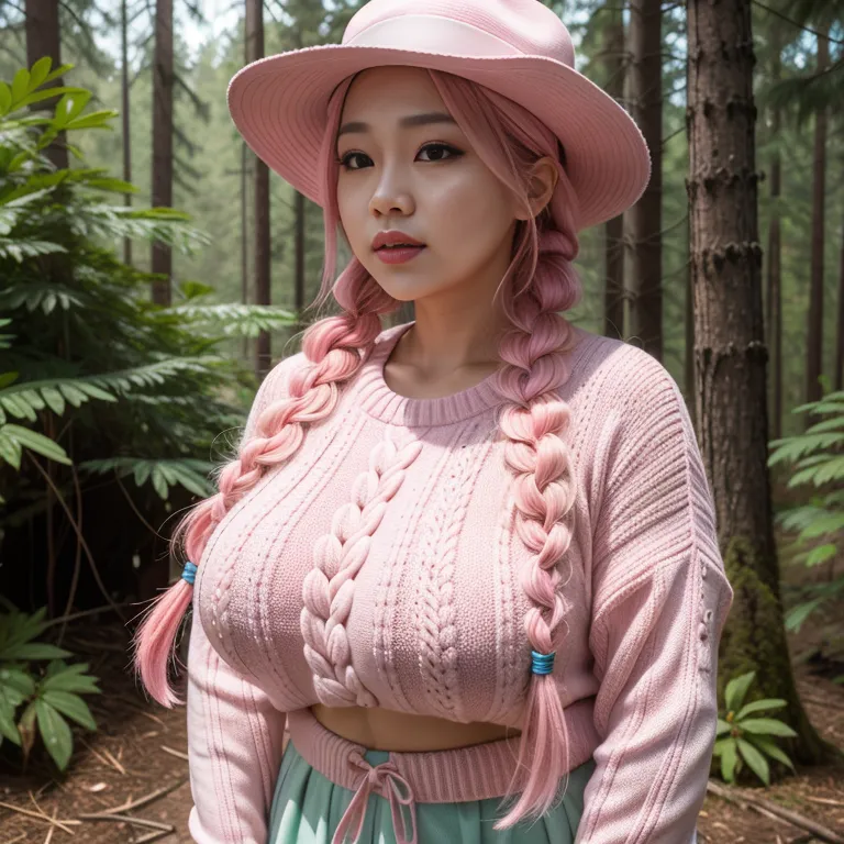 hkgirl, (kpop idol), <lora:HongKong:0.5>,woman,elder,long hair,braided,pink hair,beautiful,seductive,huge breasts,fat,hat,Pink sweater,standing,forest,front view,Upper body,(adult:1.5)