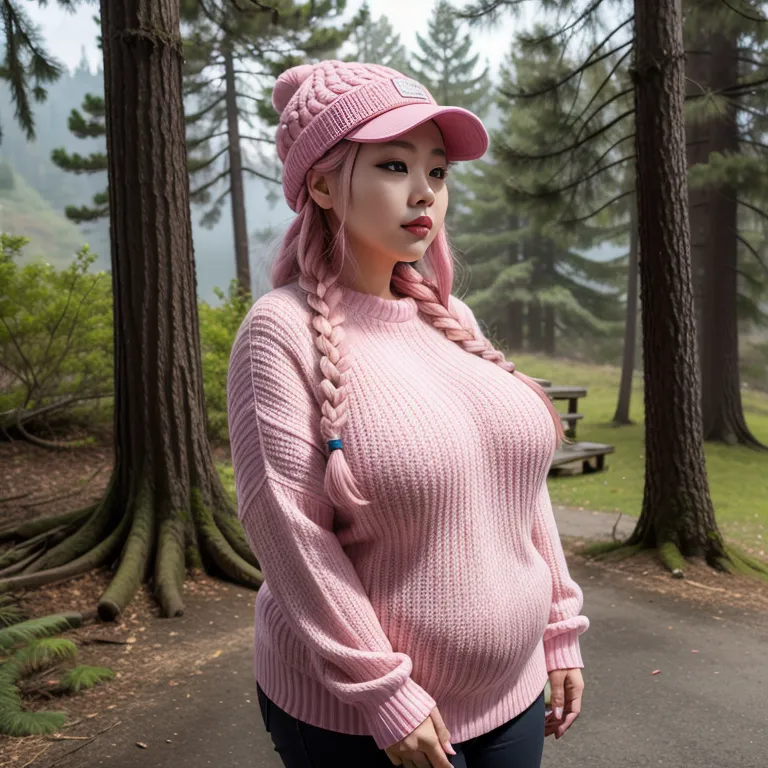 hkgirl, (kpop idol), <lora:HongKong:0.5>,woman,elder,long hair,braided,pink hair,beautiful,seductive,huge breasts,fat,hat,Pink sweater,standing,forest,front view,Upper body,(adult:1.5)