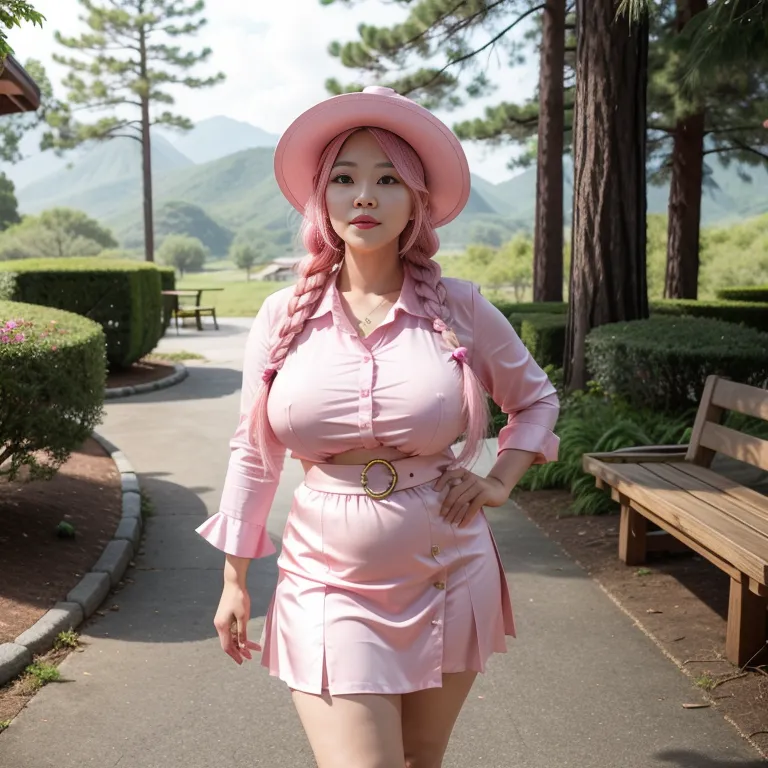 hkgirl, (kpop idol), <lora:HongKong:0.5>,woman,elder,long hair,braided,pink hair,beautiful,seductive,huge breasts,fat,hat,high heels,(silk),pink shirt,Pink long skirt,standing,forest,front view,full body,(adult:1.5)