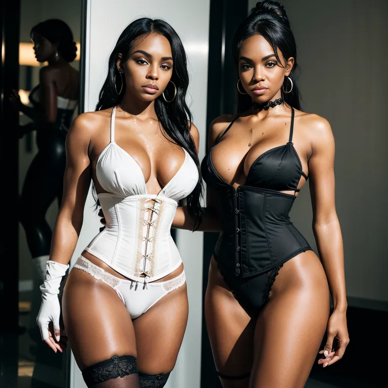 black people, <lora:Black:0.2>,(2women:2),twenties,black hair,black eyes,beautiful,pouting lips,Looking at viewer,perfect body,(tan:1.2),(wet:1.1),gloves,high socks,high heels,midriff,cleavage,earings,(fabric),corset,thong,crossed arm,reception,from behind,full body,(adult:1.5)